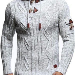 Leif Nelson LN5400 Men's Knitted Pullover With Cozy Hood,Ecru Grey